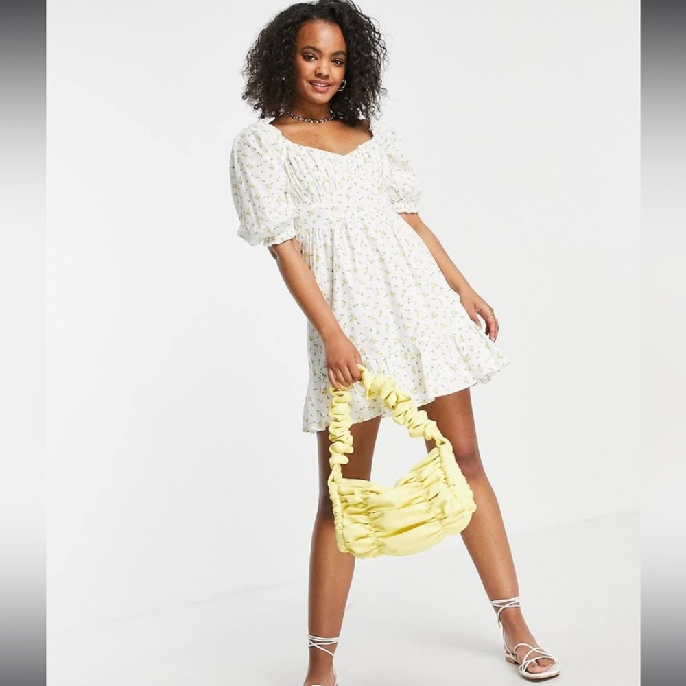 RAHI Anthro‎ White Citron Print Floral Puffy Elastic Sleeves Ruffle Dress XS